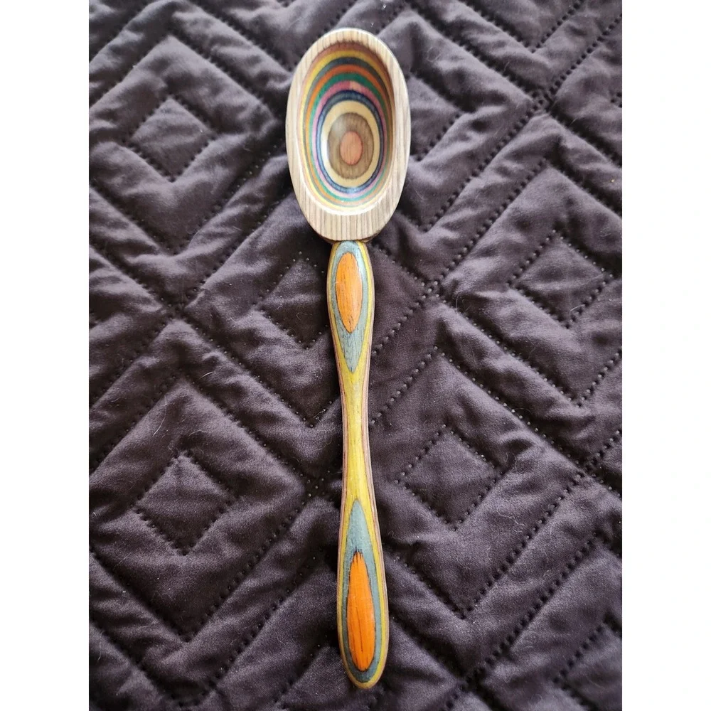 Vintage Rainbow coloured Handmade Wooden Spoon | Wood Intarsia and layered color